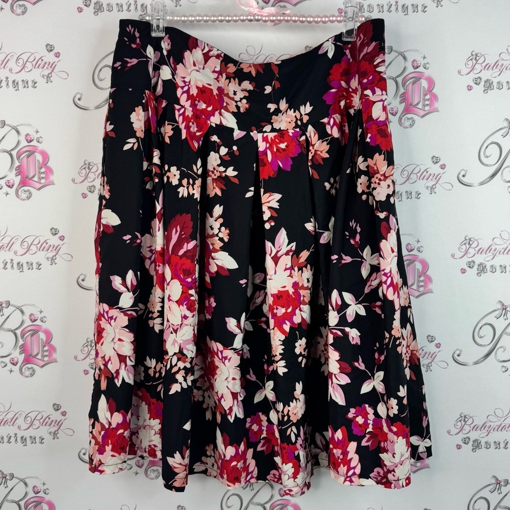 Roz & Ali skirt flowers red purple white Black and Pink Floral Skater Skirt